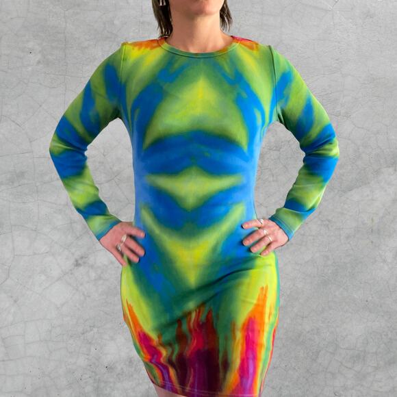 Ice Dyed Bodycon Dress - Long-sleeve Night Out - Hippie Boho Women's XLarge - Picture 6 of 11